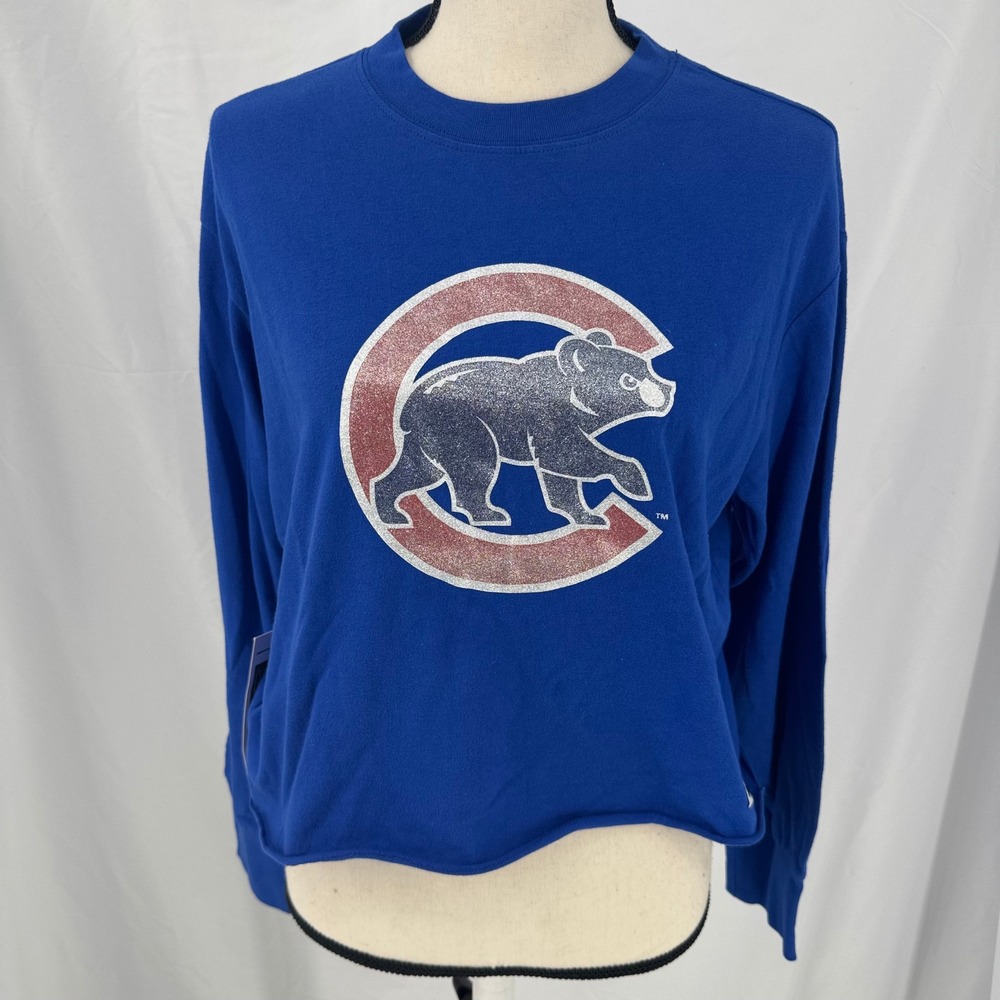Mitchell & Ness Chicago Cubs Womens Glitter Crop Crewneck Blue WCCT6858 Small